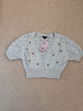 wild fable Light Blue Cropped Knit Cardigan with Yellow Floral Embroidery